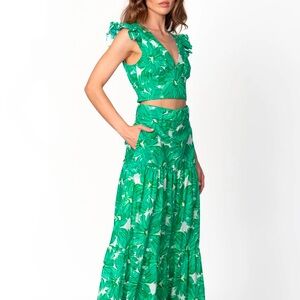 Tropical Green Leaf Print Two-Piece Crop Top Maxi Skirt Set